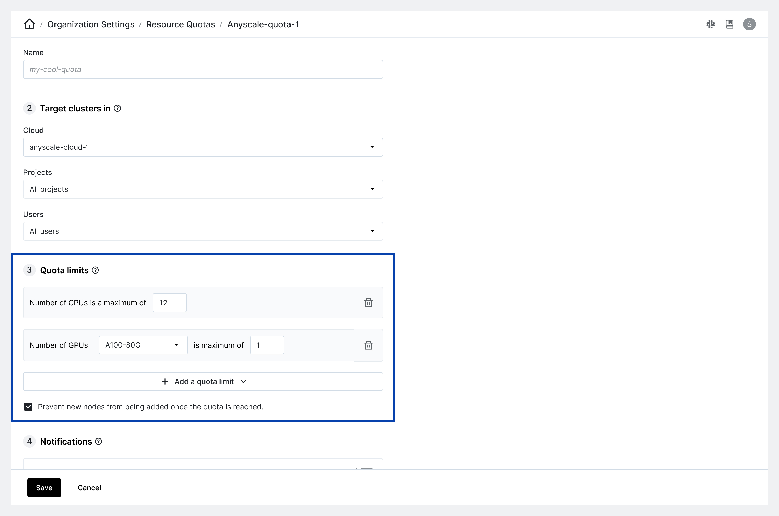 Setting resource quota limits