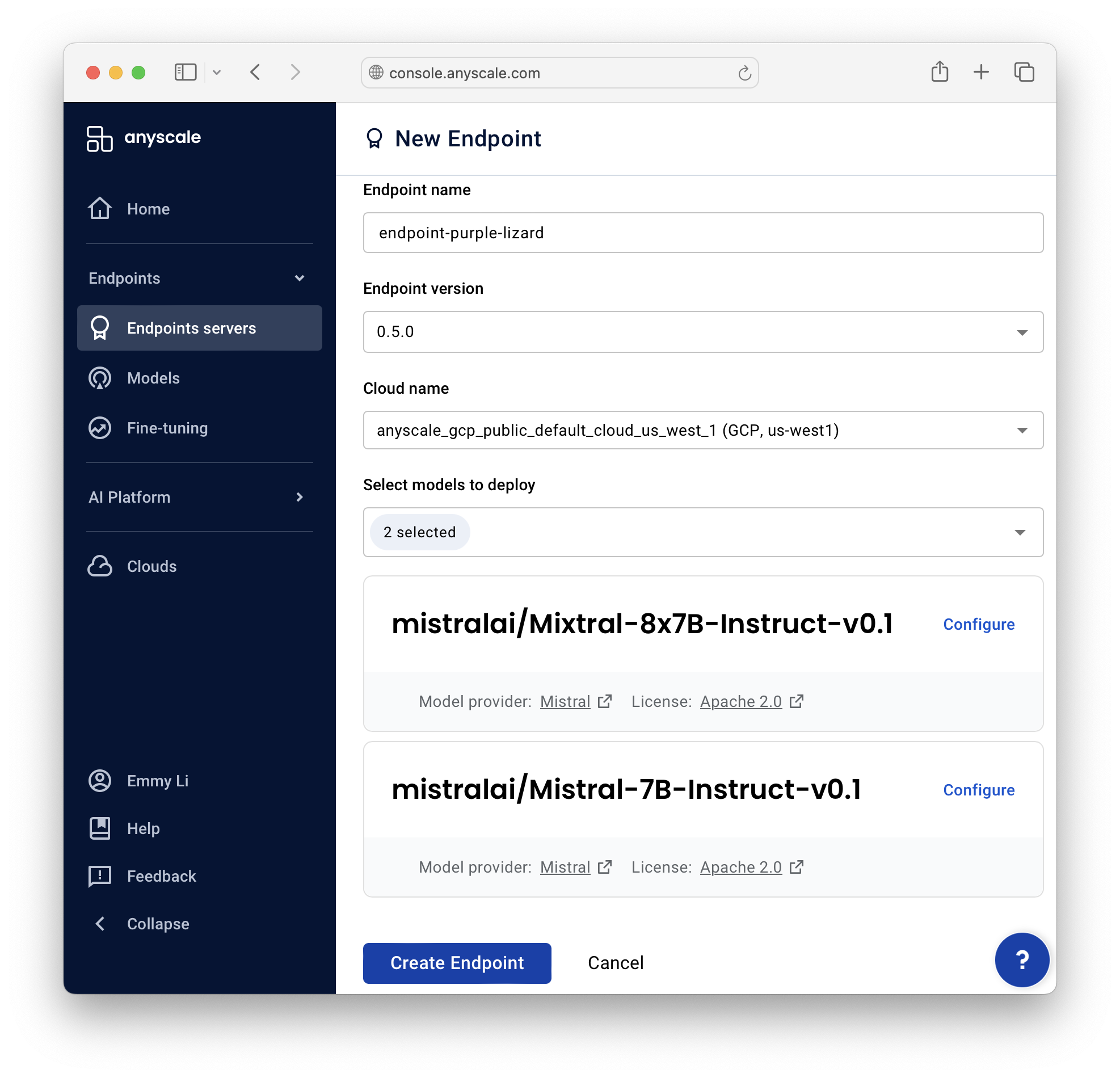 Configure a function calling endpoint