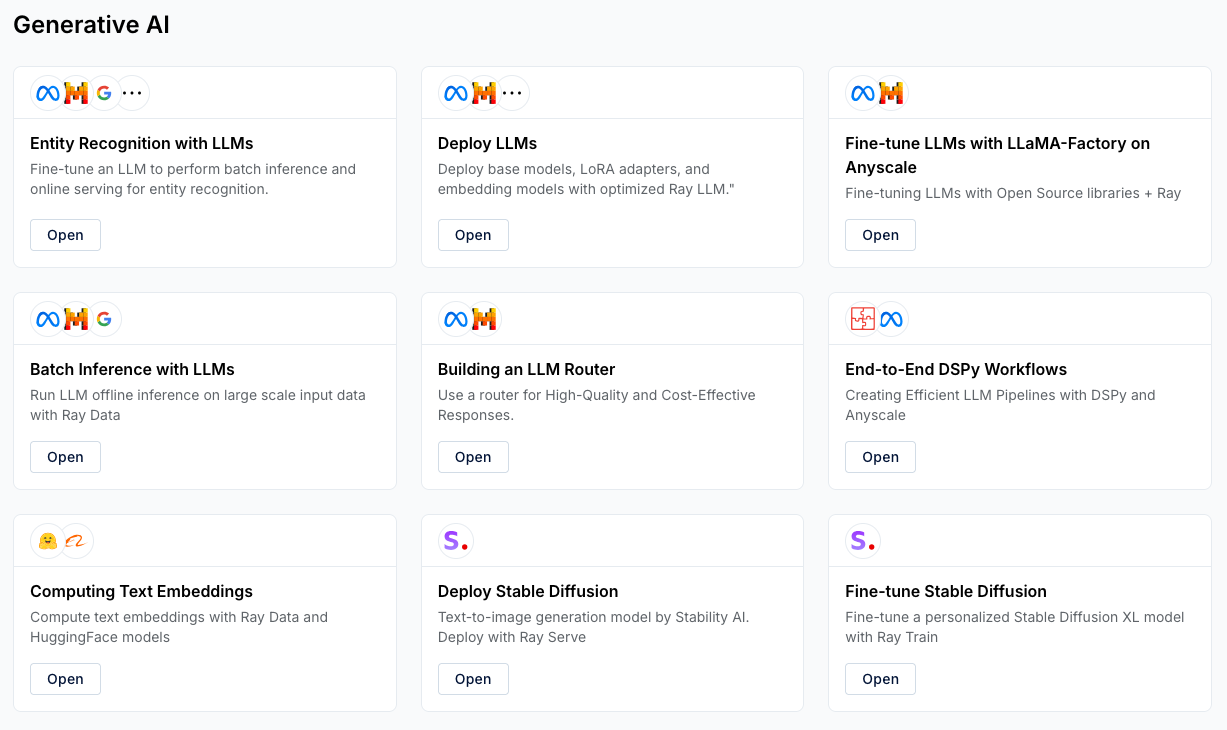 A few examples of Anyscale templates
