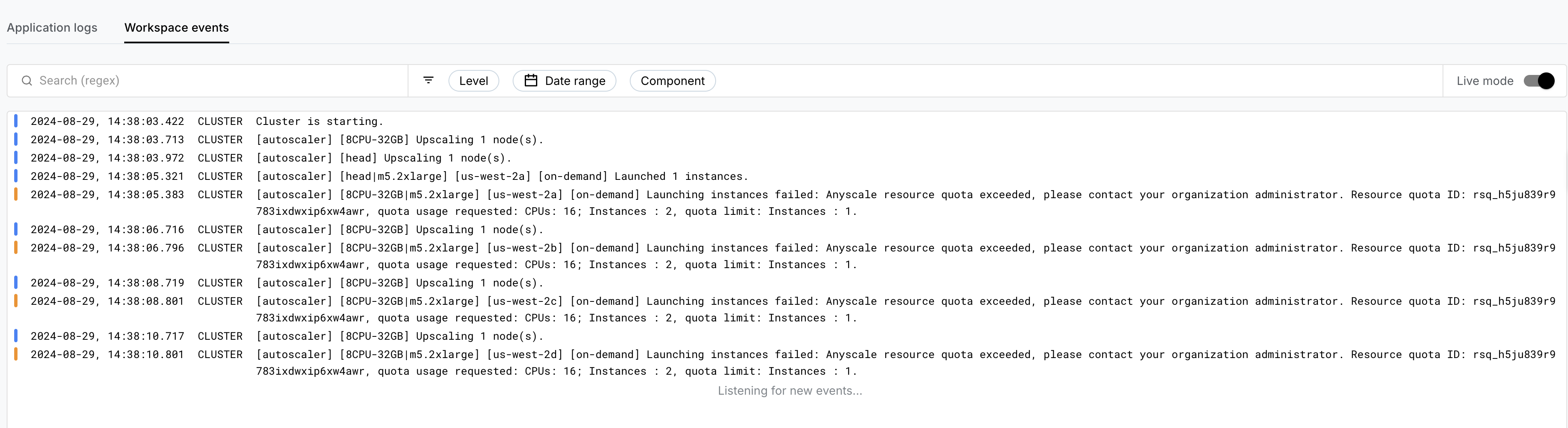 Quota exceeded error in event logs